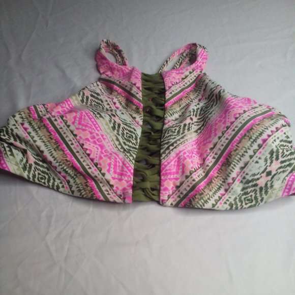 Time And Tru Swim Top M 8-10 Cut-Out Strappy Green Pink - Picture 1 of 14